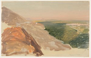 Utsikt over en slette med Damaskus, Syria, fra fjellene. av Frederic Edwin Church