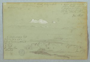 Utsikt over vulkanen Artisana fra eller nær Quito, og en overskyet himmel over en fjellrygg, Ecuador av Frederic Edwin Church