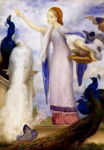 «Ung jente som mater påfuglene». Hun er kledd i antikk stil. Maleri av Lord Frederic Leighton (1830–1896) (prerafaelitt) av Frederic Leighton