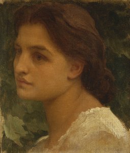 Portrett av en ung dame, liten bystelengde, iført en hvit kjole av Frederic Leighton