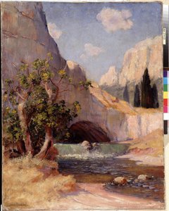Utsikt over Fontaine du Vaucluse-landskapet i Provence. Maleri av Frederic Montenard (1849-1926) Dim. 65x50,5 cm Obligatorisk omtale: Collection fondation regards de Provence, Marseille av Frederic Montenard