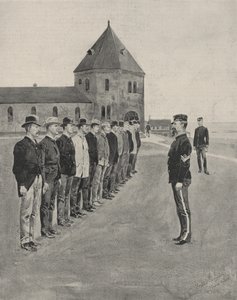 En første leksjon i krigens kunst. Rekrutter til de to ekstra artilleriregimentene ved Fort Slocum, Davids Island, Long Island Sound av Frederic Remington