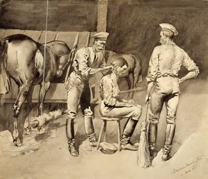 A Haircut in a Cavalry Stall, ca. 1893 (wc på papir) av Frederic Remington