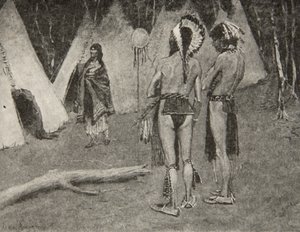 Og hennes elskere, de avviste,... Kjekke menn med maling og fjær, fra The Song of Hiawatha av Henry Wadsworth Longfellow (1807-82), pub. av George G. Harrap und Company Ltd., 1911 av Frederic Remington