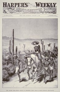 Apache-speidere leder hærpatrulje på forfølgelse av Geronimo (1829-1909) fra 'Harper's Weekly' 9. januar 1886 (litho) av Frederic Remington