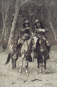 Cheyenne-speidere som patruljerer Big Timber of the North Canadian, Oklahoma, 6. april av Frederic Remington