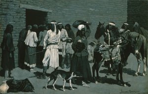 Pueblo Indian Village (distribusjon av storfekjøtt ved San Carlos Agency) ca. 1889 av Frederic Remington