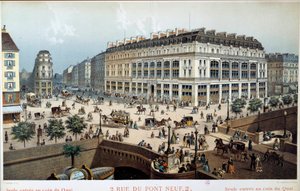 Utvendig utsikt over La Belle Jardiniere, rue du pont neuf i Paris på 1800-tallet. Gravering av Frederic Sorrieu (1807 -? )
