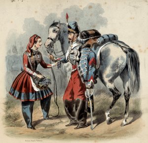 Den franske hæren og dens cantinieres: Hussard og cantiniere de troupe de line. Gravering av Frederic Sorrieu (1807 -? )