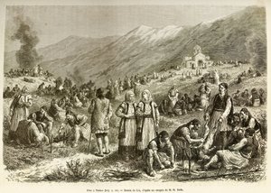 En fest i Theben, den for omsorgen til Jomfruen, som samler alle innbyggerne i byen og området rundt, hver familie raner en sau for anledningen, i forgrunnen forbereder menn beten før de tilbereder den. Gravering etter tegningen av Frederic Theodore Lix