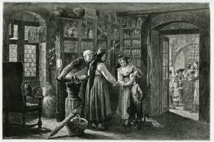 Hos apoteket i landsbyen Kaysersberg (eller Kaisersberg, Alsace), en nødkonsultasjon. Gravering av F.Lix, for å illustrere historien "Gjennom Alsace og Lorraine", i 1884, av Charles Grad (1842-1890), tysk stedfortreder, forfatter og naturforsker. Pub av Frederic Theodore Lix