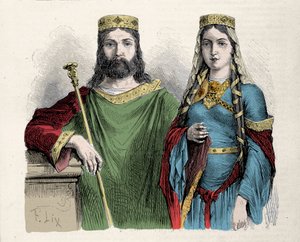 Clovis (481-511) konge av frankene med sin andre kone Saint Clotilde (Clothilde) dronning. Gravering av Lix.