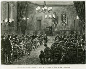 Konferanse til arbeiderne ved Dollfus Mieg-verkstedene, i Dornach. Gravering av Lix for å illustrere historien A Through Alsace and Lorraine, av Charles Grad, tysk deputert, i 1885, i tour du monde 1886, regissert av Edouard Charton (1807-1890), Hache av Frederic Theodore Lix
