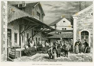 Meieri i Milk Hall of Mulhouse. Gravering av Lix for å illustrere historien A travers l