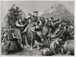 Fete des patres ved Hohneck (Vosges), søndag etter Saint John. Gravering av F.Lix, for å illustrere historien "Gjennom Alsace og Lorraine", i 1884, av Charles Grad (1842-1890), tysk stedfortreder, forfatter og naturforsker. Publisert i Le Tour du monde, no av Frederic Theodore Lix