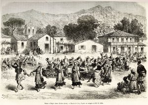 Folkedans på bygdeplassen Haggia Anna (St. Anne). Gravering etter tegningen av Lix, for å illustrere reisen i Hellas, av Henri Belle, i 1861-1868-1874, publisert i "" Le tour du monde""" 1876, redigert av Edouard Charton, Hachette-utgaven, Paris av Frederic Theodore Lix