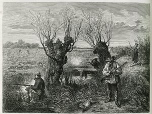 Jakt hare. Gravering av F.Lix, for å illustrere historien "Gjennom Alsace og Lorraine", i 1884, av Charles Grad av Frederic Theodore Lix