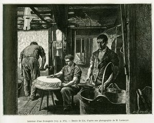Inne i en ostefabrikk. Gravering av Lix, for å illustrere historien A Through Alsace and Lorraine, av Charles Grad, tysk deputert, i 1885, i tour du monde 1887, under ledelse av Edouard Charton (1807-1890), Hachette, Paris.