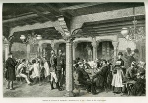Interiør i Tiefenkeller taverna i Strasbourg. Gravering av Lix, for å illustrere historien A Through Alsace and Lorraine, i 1887, av Charles Grad, tysk stedfortreder, i tour du monde 1888, regissert av Edouard Charton (1807-1890), Hachette, Paris. av Frederic Theodore Lix