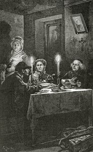 Jean Valjean blir mottatt og tatt vare på av biskop Myriel, 1800-tallet (bw-gravering)