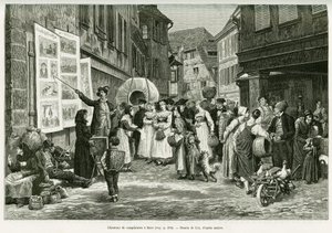 Klagesanger i gatene i Barr. Gravering av Lix, for å illustrere historien A Through Alsace and Lorraine, i 1887, av Charles Grad, tysk stedfortreder, i tour du monde 1888, regissert av Edouard Charton (1807-1890), Hachette, Paris. av Frederic Theodore Lix