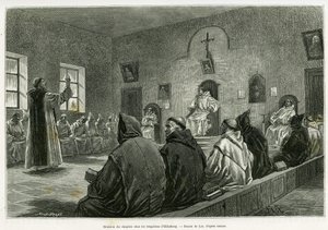 Møte for kapitlet blant trappistene i Oelenberg. Gravering av Lix for å illustrere historien A travers l