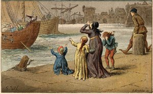 Populær sang: "A Nantes est arrive"". Barn sørger over havet sitt, tatt bort av en sjømann. Illustrasjon (detalj) av Frederic Theodore Lix (1830-1897) i "" Chansons et rounds enfantines des provinces de la France"" av Frederic Theodore Lix
