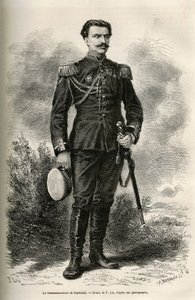Portrett av den reisende og fortelleren oberstløytnant av Prjewalski, tegning av F.Lix for å illustrere reisen til Mongolia og Tangutenes land fra 1870 til 1873, av oberstløytnant av Prjewalski. Gravering i Le tour du monde av Frederic Theodore Lix