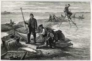 Laksefiske. Gravering av F.Lix, for å illustrere historien "Gjennom Alsace og Lorraine", i 1884, av Charles Grad (1842-1890), tysk stedfortreder, forfatter og naturforsker. Publisert i Le Tour du monde, nouveau journal des voyages, 2. semester 1885, redige av Frederic Theodore Lix