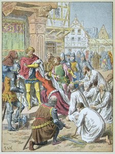 Beleiring av Calais av Edvard III i 1346 - 1347. Dronning Philippa de Hainaut tryglet sin brudgom om å gi borgerskapet i Calais. av Frederic Theodore Lix