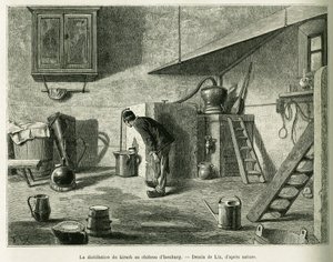 Destillasjonen av kirsch ved slottet Isenburg. Gravering av Lix, for å illustrere historien A Through Alsace and Lorraine, i 1887, av Charles Grad, tysk stedfortreder, i tour du monde 1888, regissert av Edouard Charton (1807-1890), Hachette, Paris.