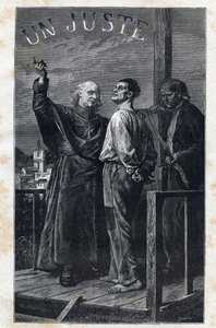The eveque Myriel accompanies a death sentence that climbs on the scaffold - Illustration by Frederic Theodore Lix (1830-1897) for “The Miserables - First Part: Fantine” by Victor Hugo (1802-1885) 1862 av Frederic Theodore Lix