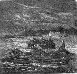 Den gigantiske fisken til den universelle flommen ifølge hinduene. av Frederic Theodore Lix