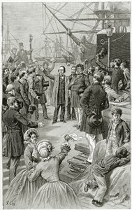 Victor Hugo hyller en universell republikk under en tale mens han var i eksil 1. august 1852, 1800-tallet (bw-gravering) av Frederic Theodore Lix