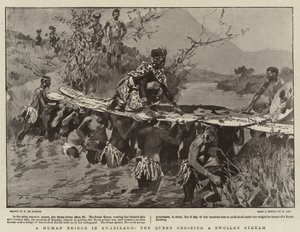 En menneskelig bro i Swaziland, dronningen krysser en hoven strøm av Frederic de Haenen