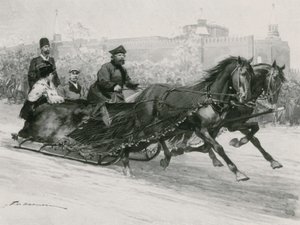 En slede med blått silkenett, for å forhindre at snøen sprøyter beboerne, Kreml i bakgrunnen av Frederic de Haenen