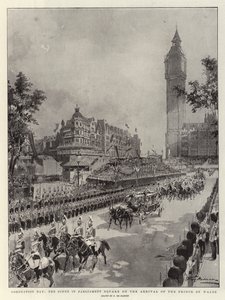 Kroningsdag, scenen på Parliament Square ved ankomsten til prinsen av Wales av Frederic de Haenen