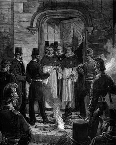 Utvisning av dominikanere fra Rue de Jean de Beauvais i Paris etter dekretene fra mars 1880 tatt av Jules Ferry og fjerning av retten til å undervise medlemmer av uautoriserte religiøse kongregasjoner: lesing av meldingen om dekreter til R.P. Merci av Frederic de Haenen