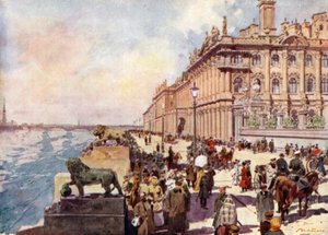Russland: Vinterpalasset på Neva (farge litho) av Frederic de Haenen