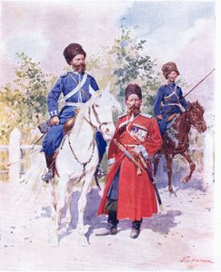 Russiske soldater ca. 1900 (farge litho) av Frederic de Haenen