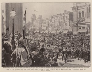 Sjøforsvarsbrigaden i byen, Lord Mayor ved Mansion House ser på prosesjonen passere
