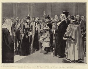 Mottakelsen i Guildhall, prinsessen av Wales mottar en bukett av Frederic de Haenen