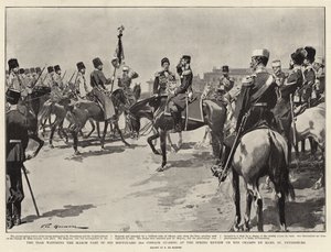 Tsaren ser på marsfortiden til livvakten hans (andre kosakkvakt) på Spring Review på Champs de Mars, St. Petersburg av Frederic de Haenen