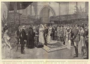 Bryllupsseremonien i Groote Kerke, utført av pastor Van der Vlier, bruden og brudgommen bytter ringer