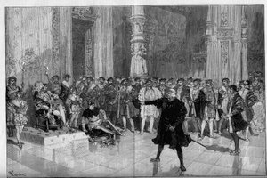 Teaterfremstilling: «Kongen har det gøy» av Victor Hugo (1808-1883). Akt I scene 5: et rom på Louvre, forbannelsen. M. de Saint Vallier (Saint-Vallier) før kong Francois I (Mounet Sully (eller Mounet Sully) 1841-1916) og narren Triboulet (Edmond) av Frederic de Haenen