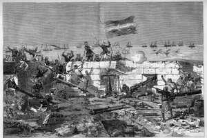 Tunisia, juli 1881: Franske tropper tok byen Stax etter innbyggernes opprør mot det franske protektoratet Tunisia. Marinerifler tar av det sirkulære batteriet. Gravering av De Haenen i "" The Illustrous World"" nr. 1273 av 20. august av Frederic de Haenen