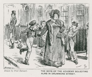 Guttene ved Wellington House Academy ber om almisser i Drummond Street (gravering) av Frederick (after) Barnard
