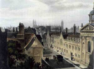 Eksteriør av Pembroke College, fra et vindu i Peterhouse, Cambridge, fra 
