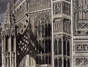 Fragmenter og deler av eksteriøret til Henry the Seventh Chapel, plate 12 fra 