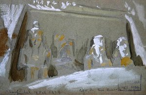 Fire kolossale statuer av Ramesses II ved det store tempelet i Abu Simbel av Frederick Arthur Bridgman